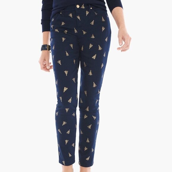Chico's Navy So Slimming Gold Tassel Girlfriend Ankle Pants Sz 8 - Picture 1 of 13